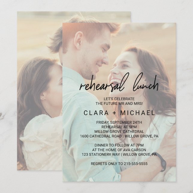 Whimsical Calligraphy Faded Photo Rehearsal Lunch Invitation (Front/Back)