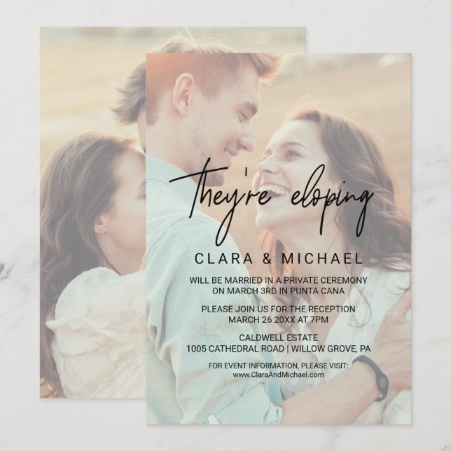 Whimsical Calligraphy Faded Photo They're Eloping Invitation (Front/Back)