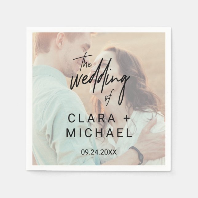 Whimsical Calligraphy | Faded Photo Wedding Napkin (Front)