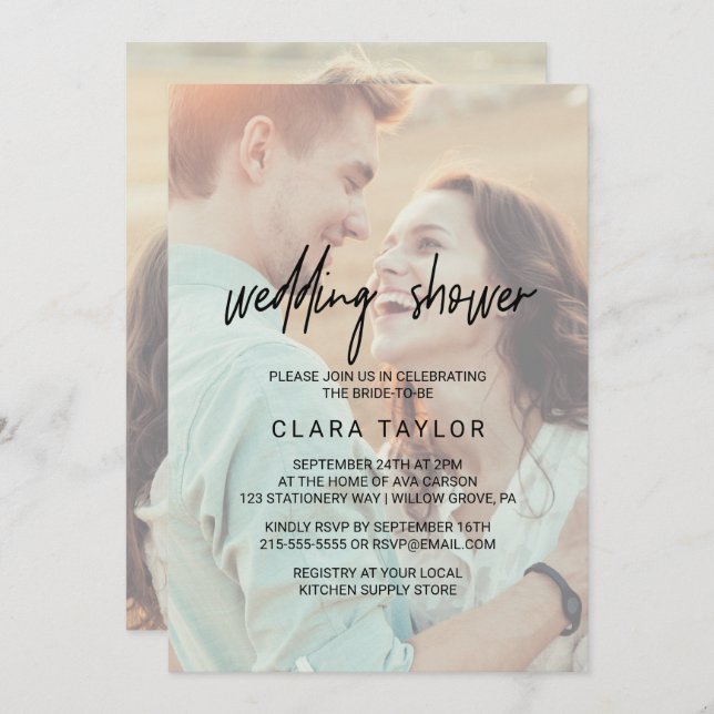 Whimsical Calligraphy | Faded Photo Wedding Shower Invitation (Front/Back)