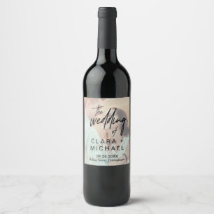 Whimsical Calligraphy Faded Photo Wedding Wine Label