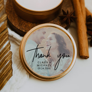 Whimsical Calligraphy   Photo Back Thank You Favou Classic Round Sticker