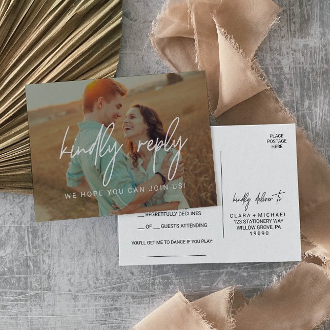 Whimsical Calligraphy | Photo Overlay Song RSVP Invitation Postcard (Creator Uploaded)