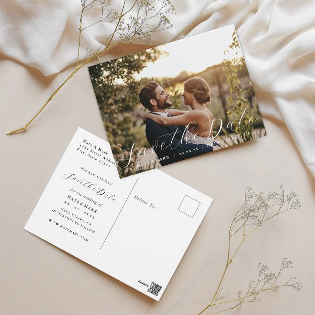 Whimsical Calligraphy Photo Save the Date Postcard (Creator Uploaded)