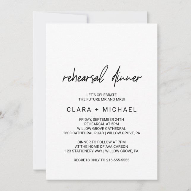 Whimsical Calligraphy Rehearsal Dinner Invitation (Front)