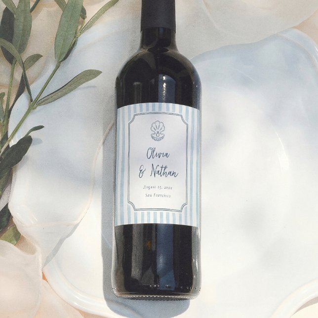 Whimsical Calligraphy Retro Blue Stripes Wedding Wine Label (Creator Uploaded)