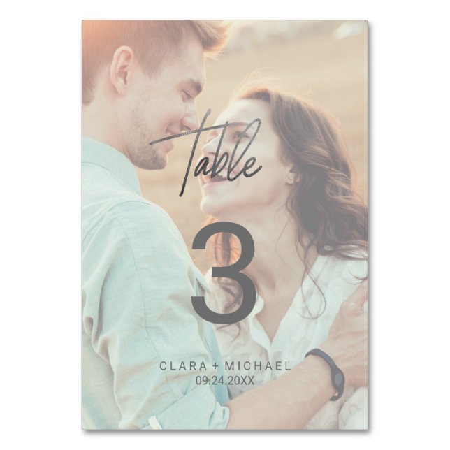 Whimsical Calligraphy Silver Photo Table Number (Front)