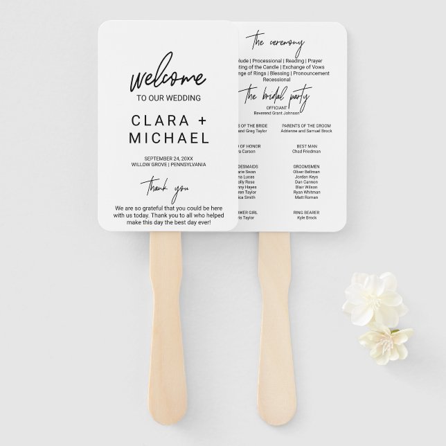Whimsical Calligraphy Wedding Program Hand Fan (Front and Back)