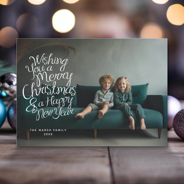 Whimsical Calligraphy with Horizontal Photo Holiday Card (Modern Christmas Photo Greeting Card)
