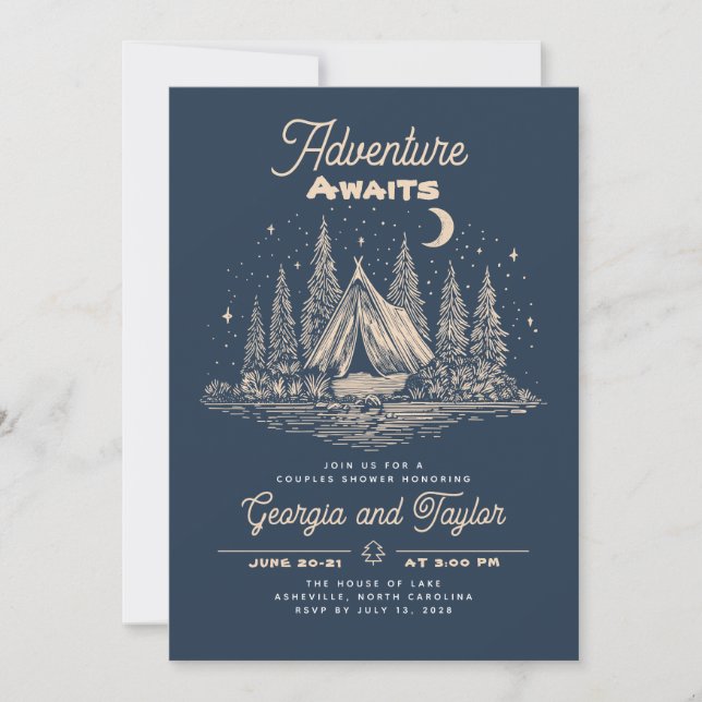 Whimsical Camping Couples Shower Adventure Awaits  Invitation (Front)