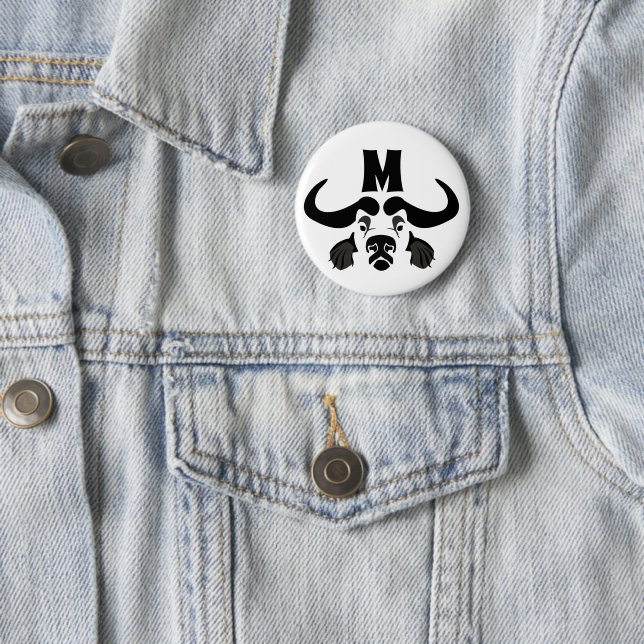 Whimsical Cape Buffalo, in Black Ink 2 Inch Round Button (In Situ)
