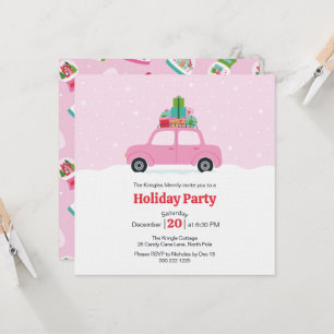 Whimsical Car with Christmas Gifts in Pink Invitation