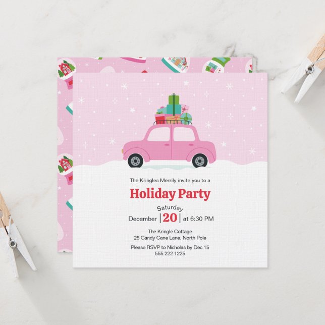 Whimsical Car with Christmas Gifts in Pink Invitation (Front/Back In Situ)