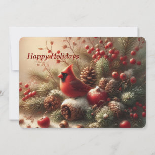 Whimsical Cardinal & Winter Berries Holiday Card