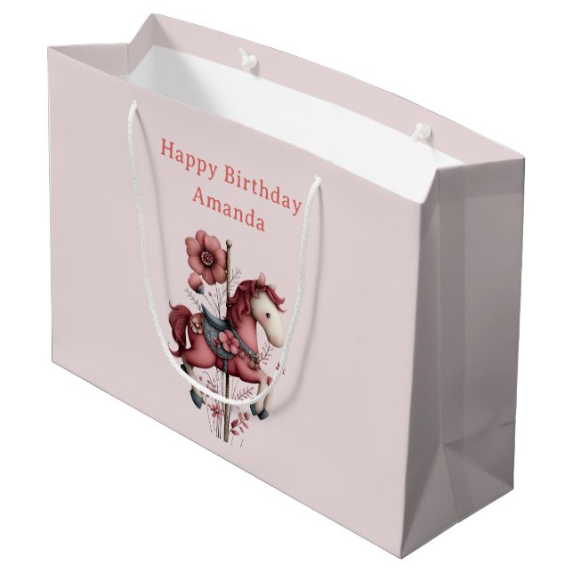 Whimsical Carousel Horse Image Birthday Large Gift Bag (Back Angled)