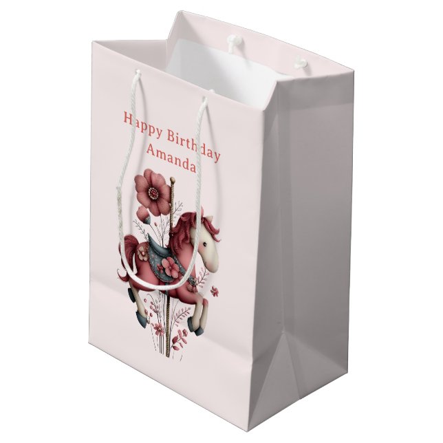 Whimsical Carousel Horse Image Birthday Medium Gift Bag (Back Angled)