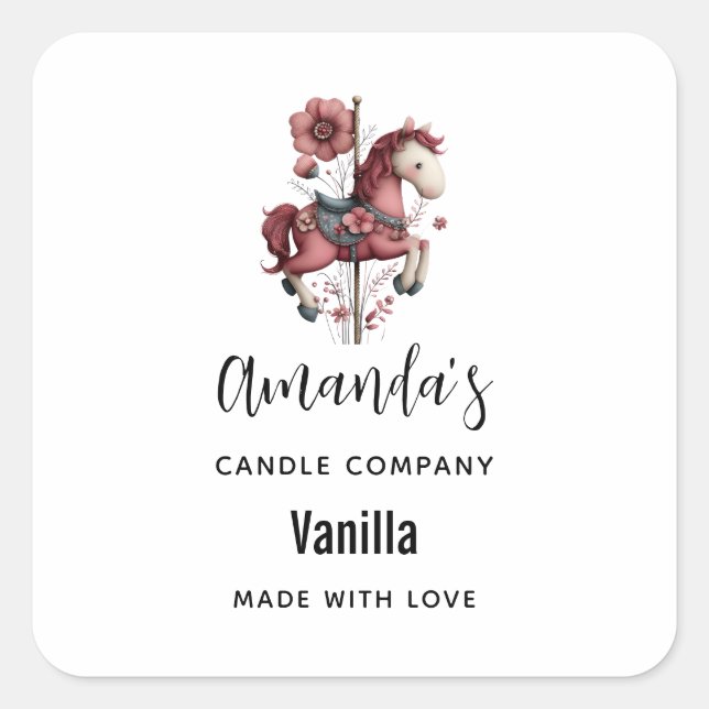 Whimsical Carousel Horse Image Candle Business Square Sticker (Front)