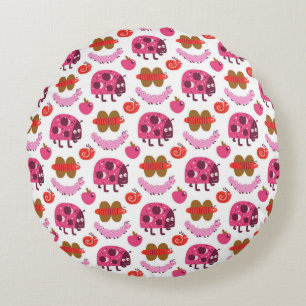 Whimsical Cartoon Bugs And Fruits Pattern Round Pillow