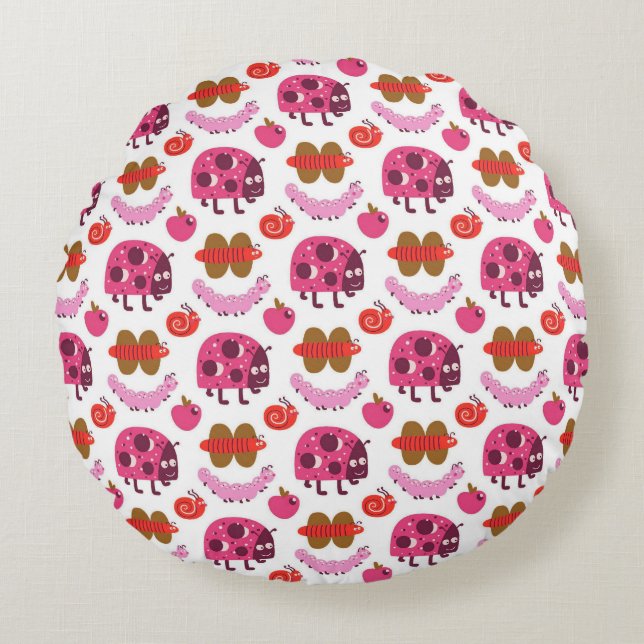 Whimsical Cartoon Bugs And Fruits Pattern Round Pillow (Front)