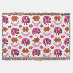 Whimsical Cartoon Bugs And Fruits Pattern Throw Blanket