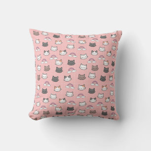 Whimsical Cartoon Cat and Rainbow Bliss Design Throw Pillow