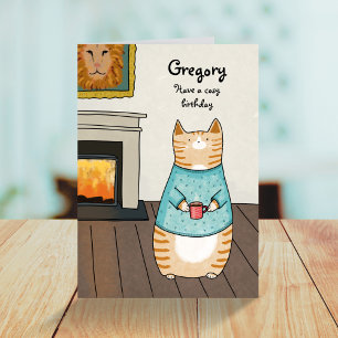 Whimsical Cartoon Cat Cosy Winter Birthday  Card
