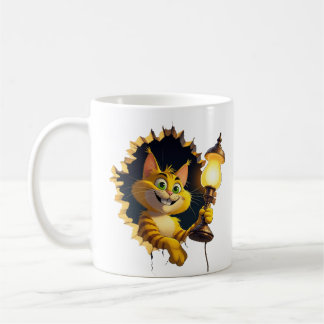 Whimsical Cartoon Cat Holding a Lamp Through a Wal Coffee Mug