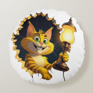 Whimsical Cartoon Cat Holding a Lamp Through a Wal Round Pillow