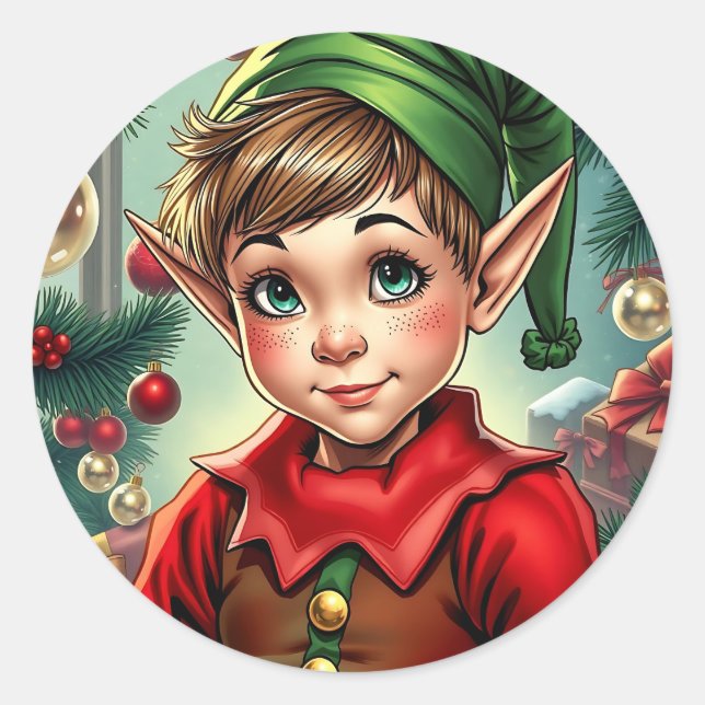 Whimsical Cartoon Elf | Christmas Classic Round Sticker (Front)