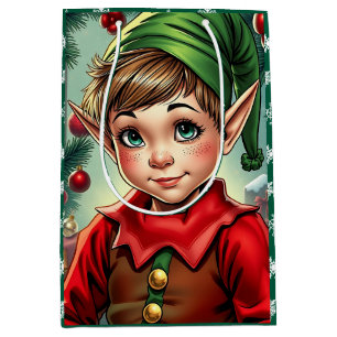 Whimsical Cartoon Elf   Christmas Medium Gift Bag