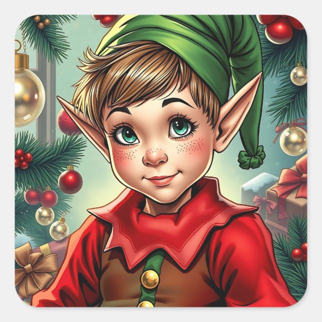 Whimsical Cartoon Elf | Christmas Square Sticker (Front)