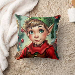 Whimsical Cartoon Elf   Christmas Throw Pillow