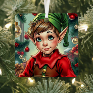 Whimsical Cartoon Elf   Personalized Christmas Metal Ornament