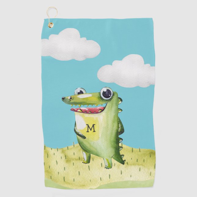 Whimsical Cartoon Gator with Monogram Golf Towel (Front)