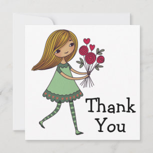 Whimsical Cartoon Girl With A Bunch Of Roses  Thank You Card
