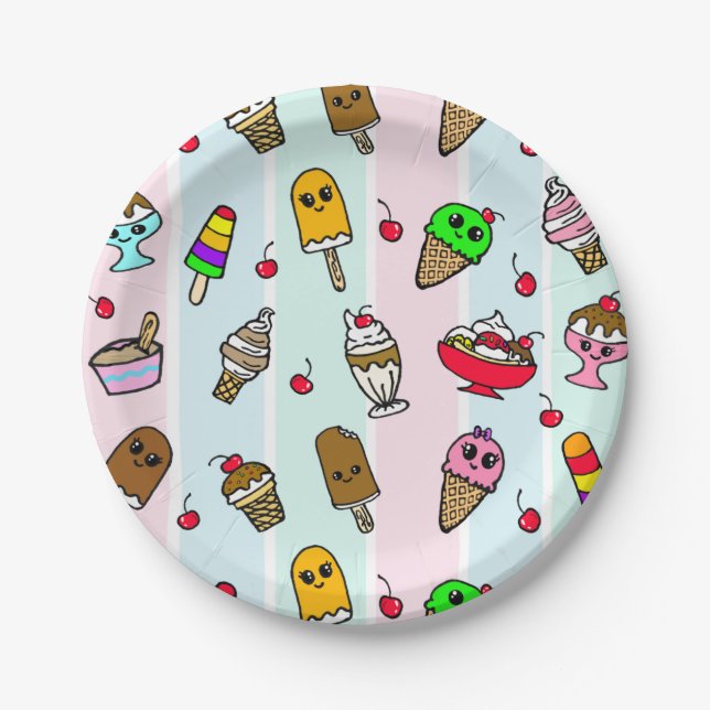 Whimsical Cartoon Ice Cream Girl's Birthday Party Paper Plate (Front)