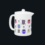 Whimsical Cartoon Owls Tea Pot<br><div class="desc">Colourful ceramic tea pot,  with whimsical cartoon graphics of owls and blue polka dots.  Adorable pot for all your favourite hot beverages.  Great for the kid's hot cocoa,  and makes a sweet gift idea.</div>