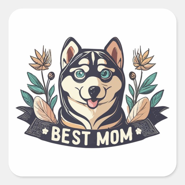 Whimsical Cartoon Siberian Husky Dog Mom Square Sticker (Front)
