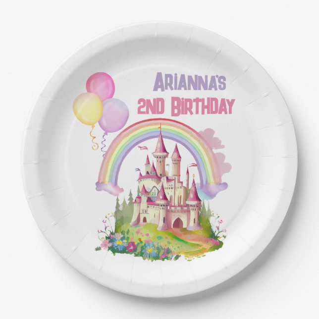 Whimsical Castle Balloons 2nd Birthday Paper Plate (Front)