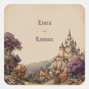 Whimsical Castle Crest Wedding Square Sticker