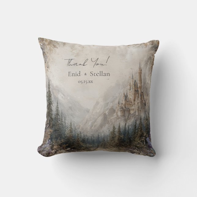 Whimsical Castle Forest Wedding Sticker Throw Pillow (Front)
