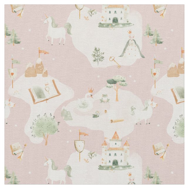 Whimsical castle unicorn princess fabric (Close Up)