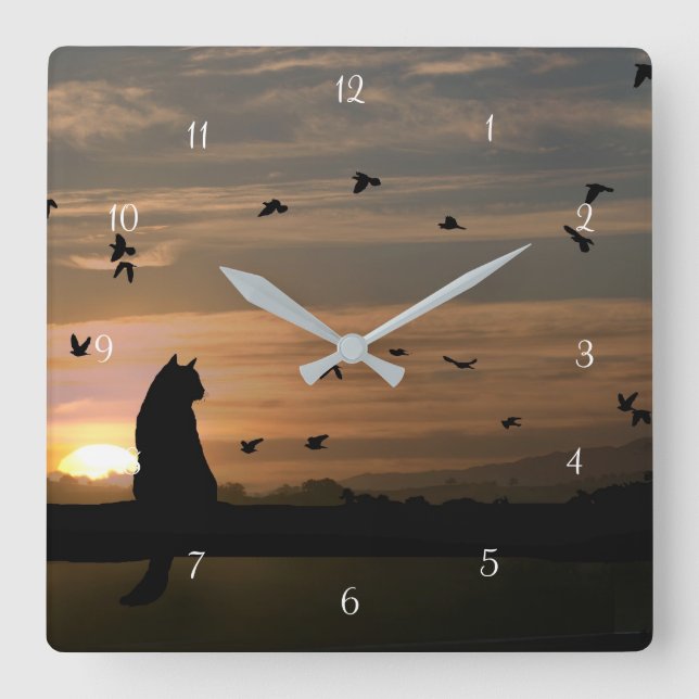 Whimsical Cat and Birds Square Wall Clock (Front)