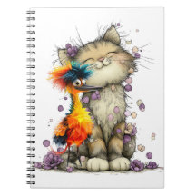 Whimsical Cat and Colourful Bird Spiral Notebook