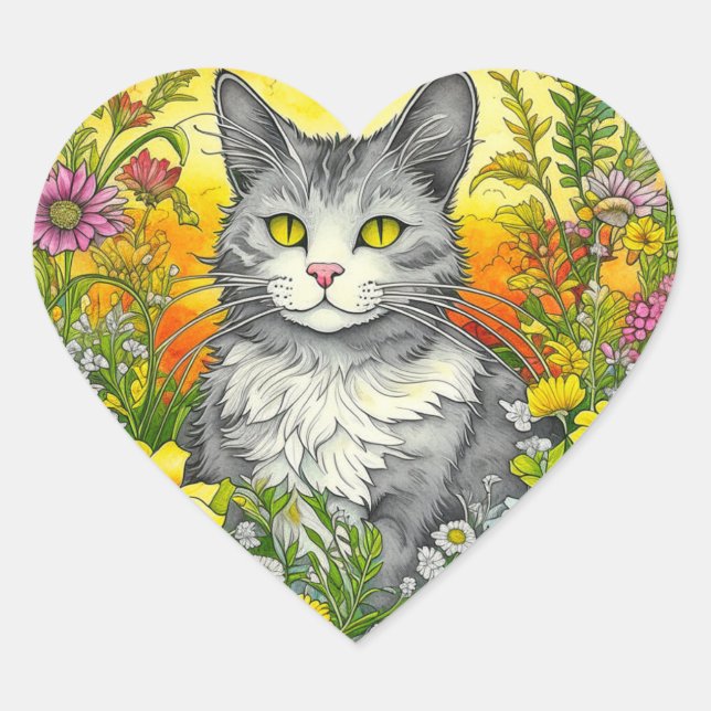 Whimsical Cat and Flowers  Heart Sticker (Front)