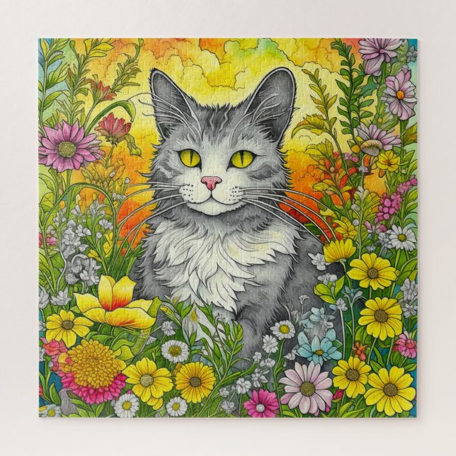 Whimsical Cat and Flowers  Jigsaw Puzzle (Vertical)