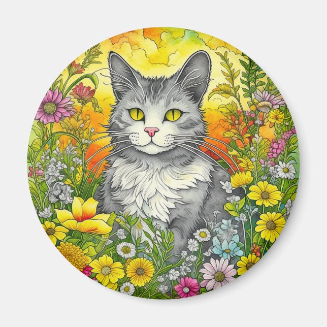 Whimsical Cat and Flowers Magnet (Front)