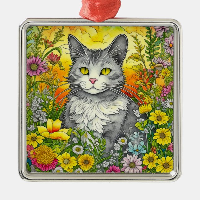 Whimsical Cat and Flowers Metal Ornament (Front)