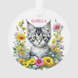Whimsical Cat and Flowers Personalized Christmas Ornament