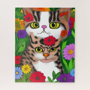 Whimsical Cat and Kitten Folk Art Colourful  Jigsaw Puzzle